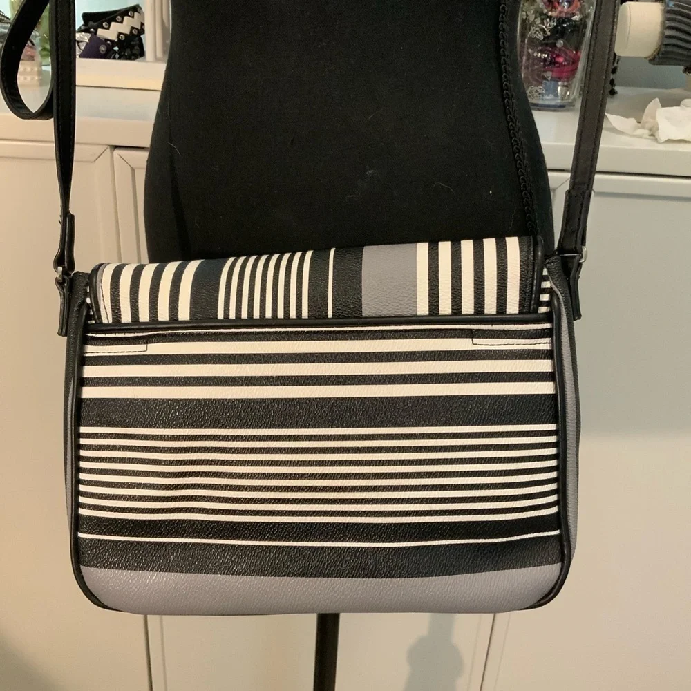 Vera Bradley Midnight Black White Gray Stripe Crossbody Bag Purse